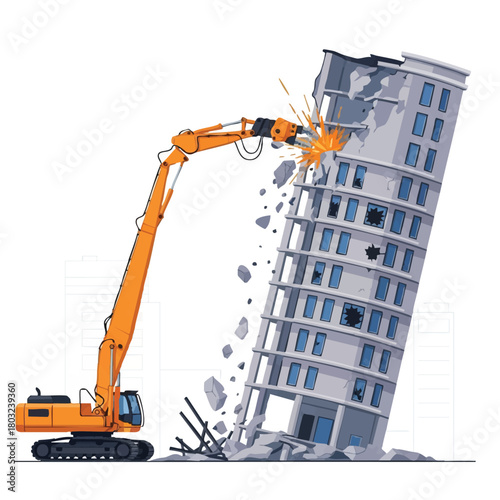 An industrial orange excavator with a hydraulic breaker attachment systematically demolishes a multi-story building, creating a dynamic scene of urban destruction.