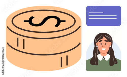 Massive coin with dollar sign alongside smiling woman avatar and digital content placeholder. Ideal for money management, financial growth, user profiles, economy, finance apps, investments, simple