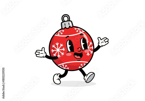A cheerful cartoon Christmas ornament with a smiling face and snowflake patterns dancing on a white background with a joyful mood.