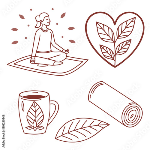 Yoga and wellness elements isolated on with leaves and heart