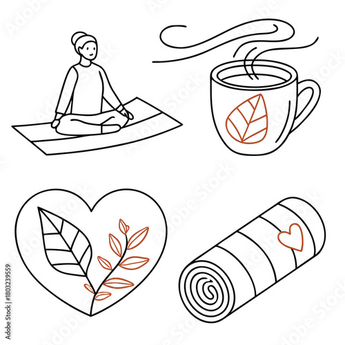 Set of yoga and wellness elements isolated on with heart