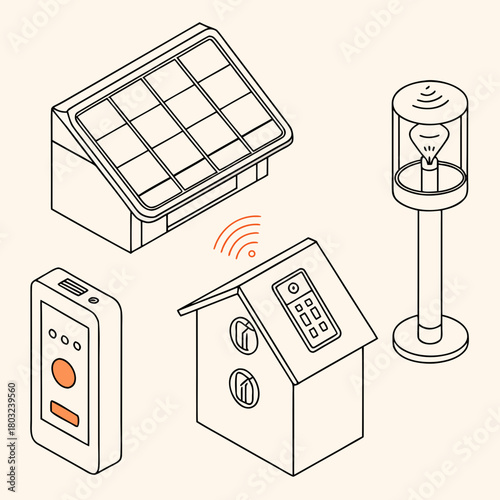 Isometric smart home devices with solar panels and energy management system