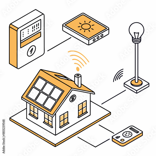 Isometric smart home with solar panels and energy management system setup