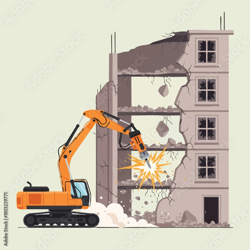 A powerful orange hydraulic excavator actively demolishes a multi-story urban building, creating dust and rubble during an essential construction project.