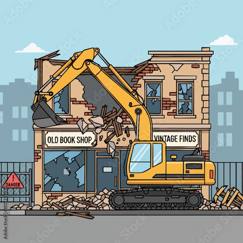 A powerful yellow excavator actively demolishes a crumbling old brick building, scattering debris and signifying urban renewal or the end of a vintage era.