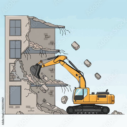 A robust yellow excavator actively demolishes a multi-story building, creating a dynamic scene of urban destruction with falling debris and exposed rebar.