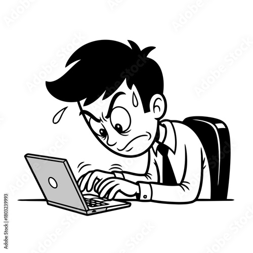 Stressed cartoon man working intensely on laptop computer with sweat drops, looking frustrated and overwhelmed, isolated on transparent