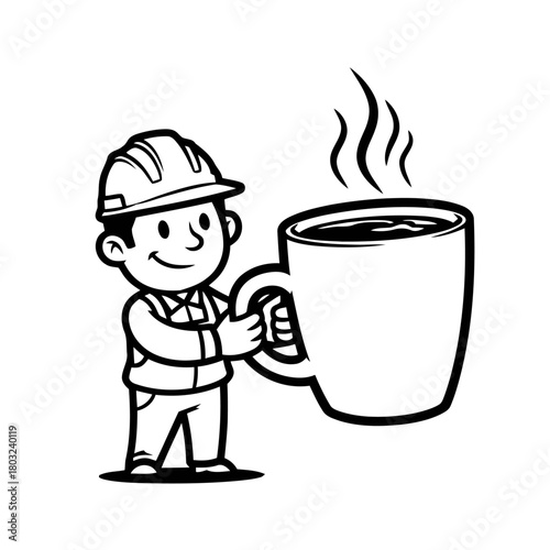Smiling construction worker in hard hat holding large steaming mug coffee, isolated on transparent