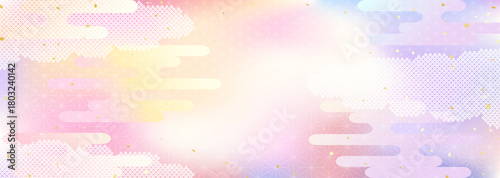 空のグラデーションと日本の伝統的な模様を組み合わせた和風背景イラスト