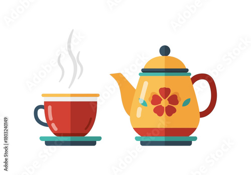Illustration of a steaming red teacup and a yellow teapot with a floral design on a white background.