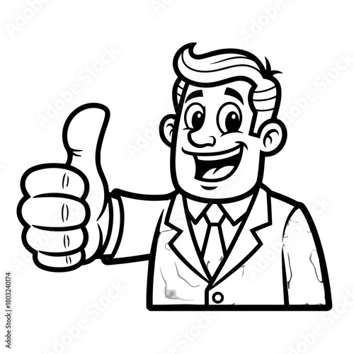 Cartoon businessman in suit and tie, smiling broadly and giving thumbs up gesture, indicating approval or success, isolated on transparent