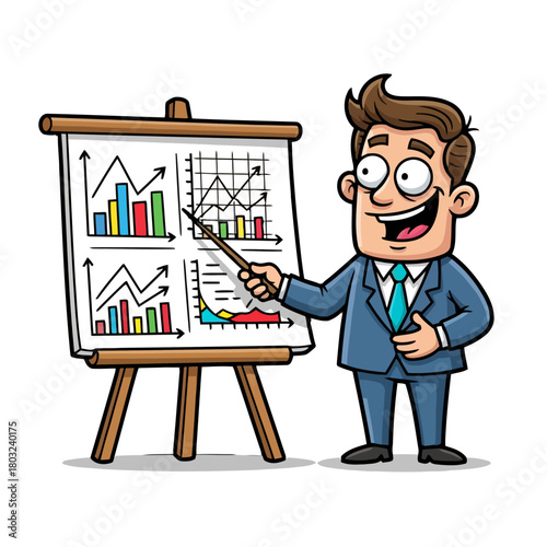 Excited businessman in suit pointing at financial chart on whiteboard during presentation, isolated on transparent