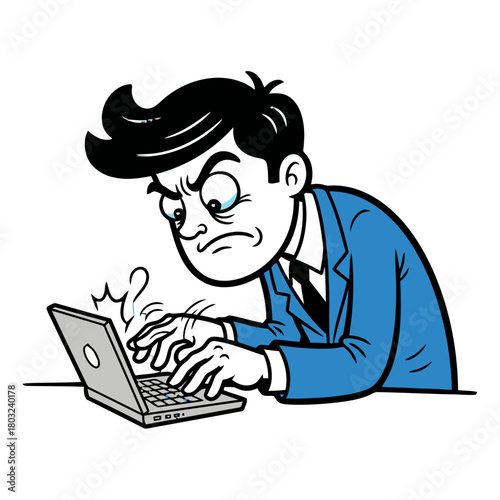 Cartoon man in blue suit, frowning intensely while typing furiously on laptop, conveying frustration or concentration, isolated on transparent