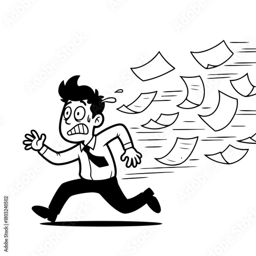 Cartoon man running away from flying papers, looking stressed, isolated on transparent