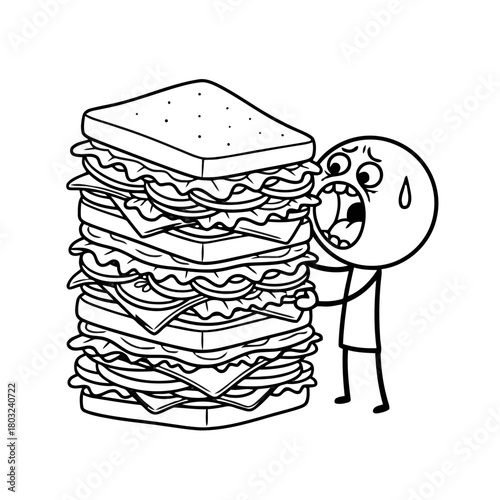 Person looking overwhelmed by giant sandwich isolated on transparent