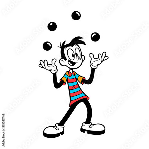 Cartoon boy juggling balls with happy expression, isolated on transparent