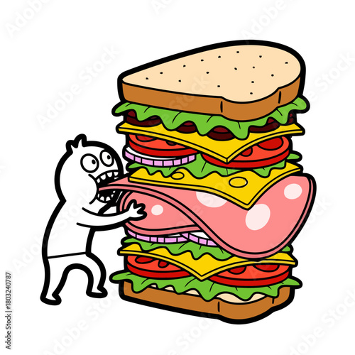 Cartoon character with wide eyes and an open mouth is about to take huge bite out very tall, multilayered sandwich, isolated on transparent