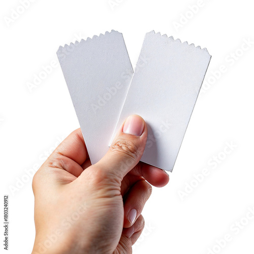 Hand holding two blank white tickets with perforated edges isolated on transparent background