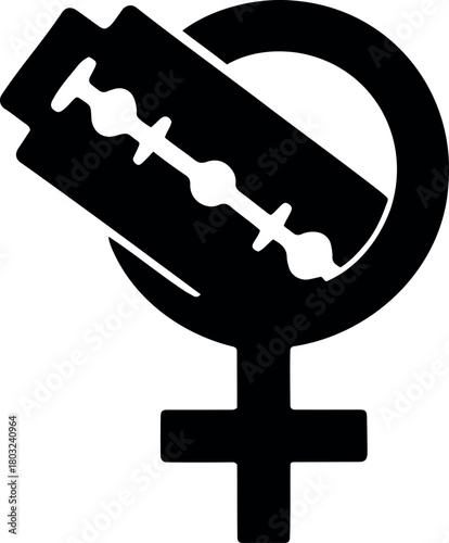 Vector black silhouette of a female symbol with a razor blade diagonally across the circular portion of it