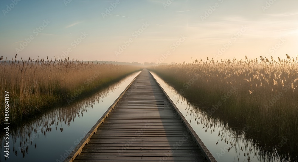 Naklejka premium A Wooden Boardwalk Through Reeds at Sunrise, Reflecting in the Water