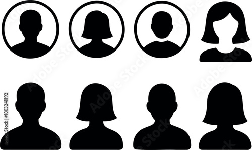 Vector illustration of eight black silhouette figures with various hairstyles and head shapes faces up