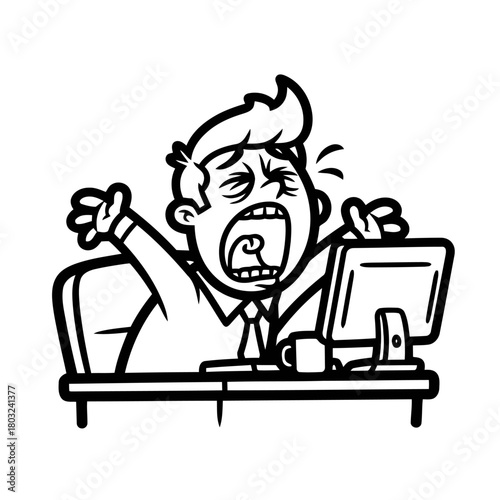Cartoon businessman yawning widely at his computer desk, isolated on transparent