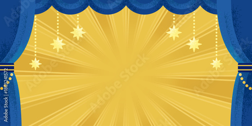 青いステージカーテンと金色の放射光背景／華やか・高級感のイベント装飾素材 | ベクター素材 バナー カード コピースペース
