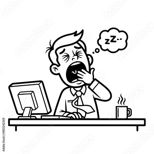 Tired businessman yawning at his desk with computer and coffee, isolated on transparent