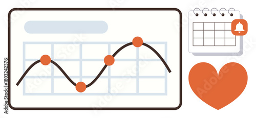 Graph with trend line and data points, calendar with notification icon, and heart shape. Ideal for productivity, health tracking, analytics, goal setting, schedules, statistics and progress