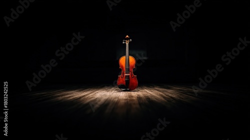 stasis. A single violin on a dark stage under a spotlight, showing wood grain. event programs, museum guides, designed for cultural heritage projects and event programs, supports education.