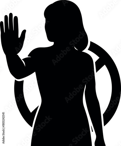 Vector silhouette of a woman with her hand raised in a stop gesture against a circular symbol behind her