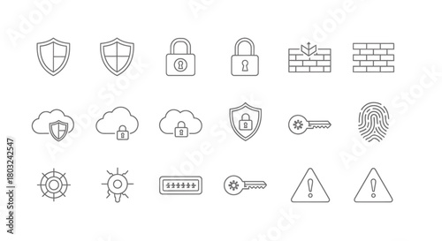 Versatile collection of outline vector icons depicting essential concepts of digital security, online privacy, and data protection for modern interfaces and applications