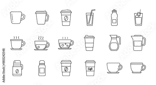 Collection of various beverage containers and cups representing different drink options and coffee shop elements