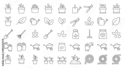 Thin line icon pack for gardening and planting, showcasing sprouts, seeds, soil, and essential farming equipment essentials