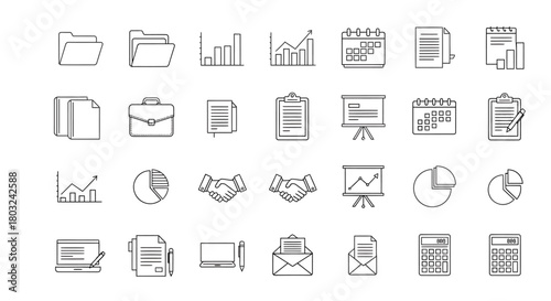 A versatile collection of thin line icons representing business management, financial analytics, and office workflow essentials for modern design