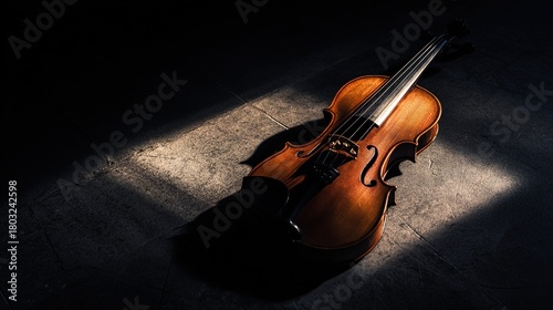 stasis. A single violin on a dark stage under a spotlight, showing wood grain. event programs, museum guides, designed for cultural heritage projects and event programs, supports education.