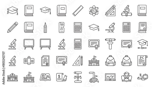 A collection of educational and school supply icons, including graduation caps, books, pencils, calculators, microscopes, and diplomas