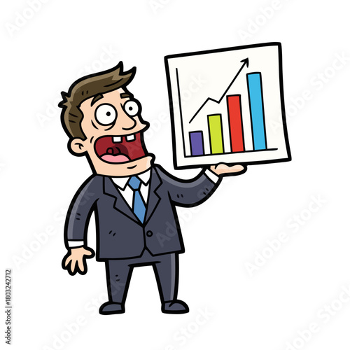 Shocked businessman in suit holding bar chart with rising profits, isolated on transparent