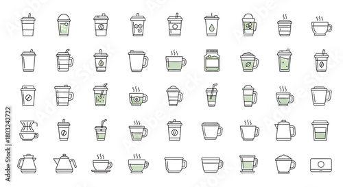 Collection of various coffee and tea cups, mugs, and containers, outlined with green accents.