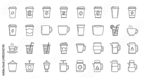 A collection of various coffee and beverage cups, mugs, and containers, outlined in black and white.