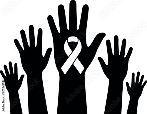 Vector illustration of several black silhouette hands raised upwards against a white background space art