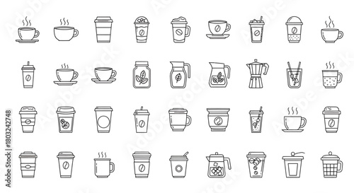 A collection of various coffee and tea beverages, presented as outlined icons.