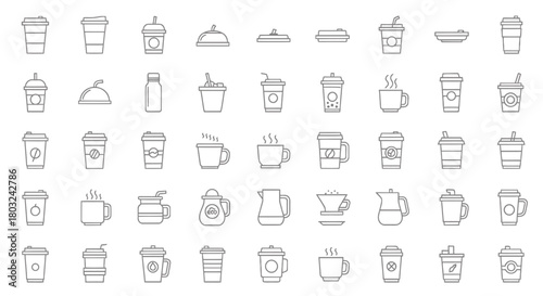 Minimalist line icon collection of coffee and tea beverages, showcasing various cups, mugs, and brewing methods for cafe branding