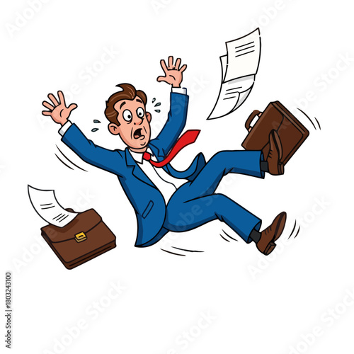 Businessman falling down with briefcases and papers flying around him, isolated on transparent
