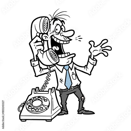 Exaggerated cartoon businessman talking animatedly on an oldfashioned rotary telephone, looking stressed and overwhelmed, isolated on transparent