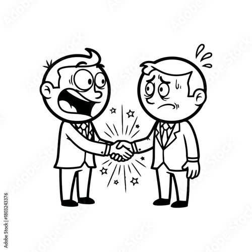 Two cartoon businessmen shaking hands, one looking excited and the other looking worried, with sparks and stars between them, isolated on transparent