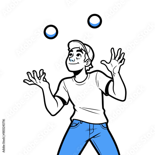 Young man wearing cap and jeans, juggling three blue balls with focused and skillful expression, isolated on transparent