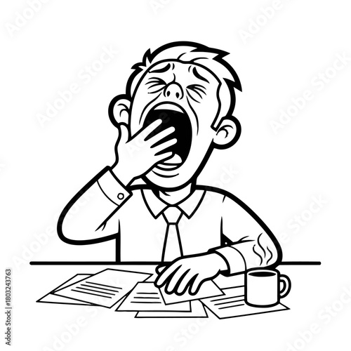 Tired businessman yawning at his desk with papers and coffee mug, isolated on transparent
