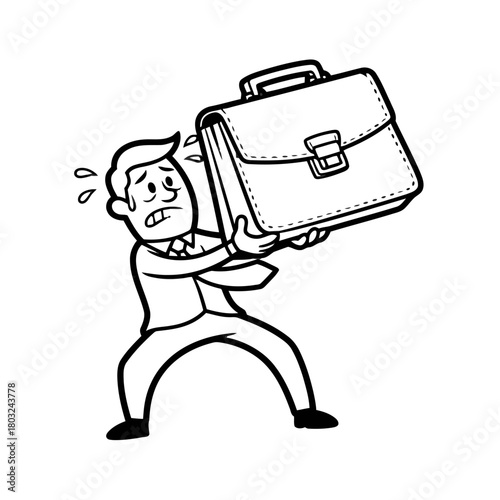 Stressed businessman in suit struggling to carry heavy briefcase, sweating profusely with worried expression, isolated on transparent