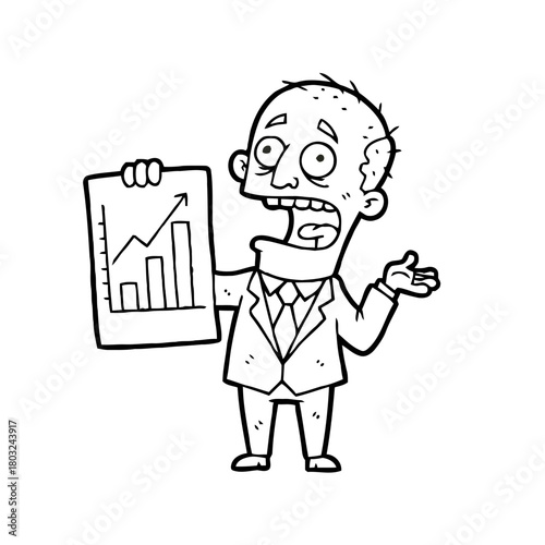 Businessman looking shocked and confused while holding bar graph showing sharp decline, isolated on transparent
